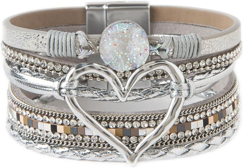 Rantanto Braid Leather Wrap Bracelet Trendy Stackable Crystal Cuff Boho Gold Heart Bracelet Jewelry Gift For Women - Image 1